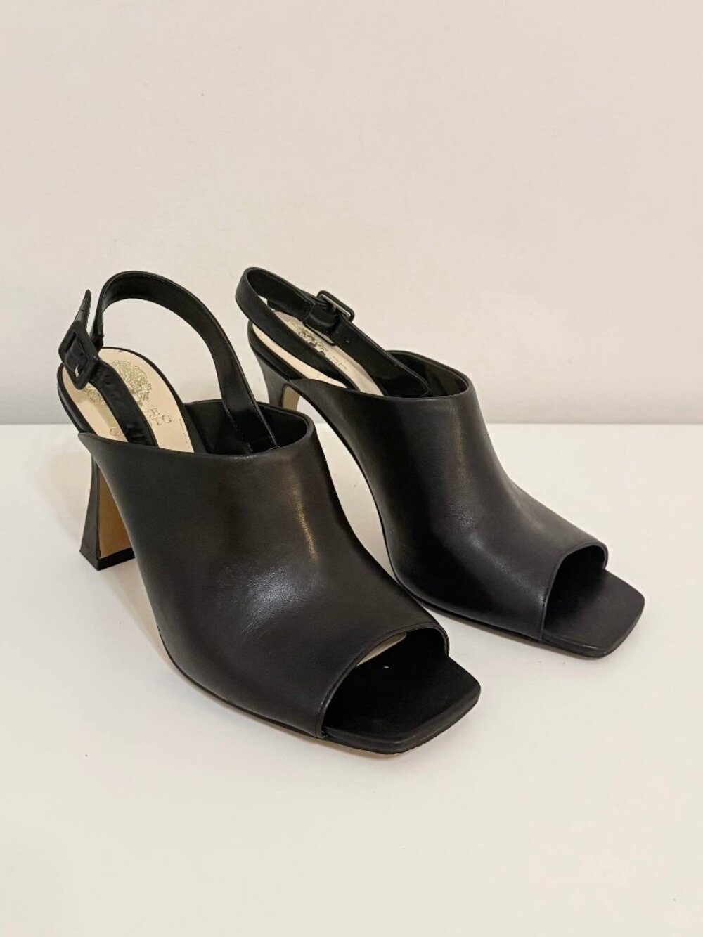 Vince Camuto - Haliza Black Leather Peep Toe Slingback Heels - Women's 9.5